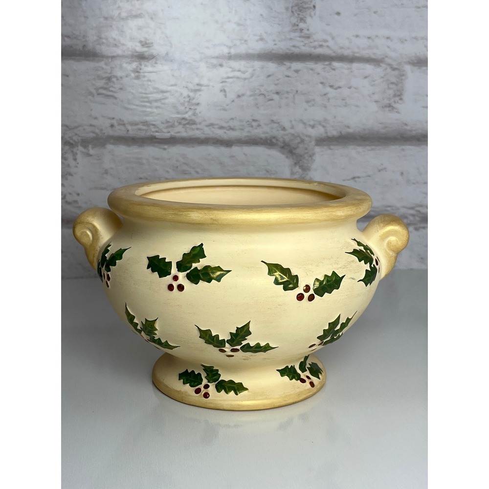 Vintage FTD Holly Berry Ceramic Planter Gold Trim Christmas Centerpiece Bowl